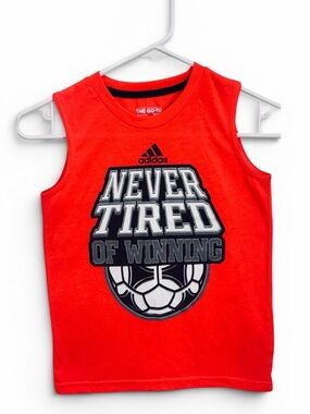 Adidas Boys Go-To Tee Tank Top Orange Soccer "Never Tired Of Winning" Size 6